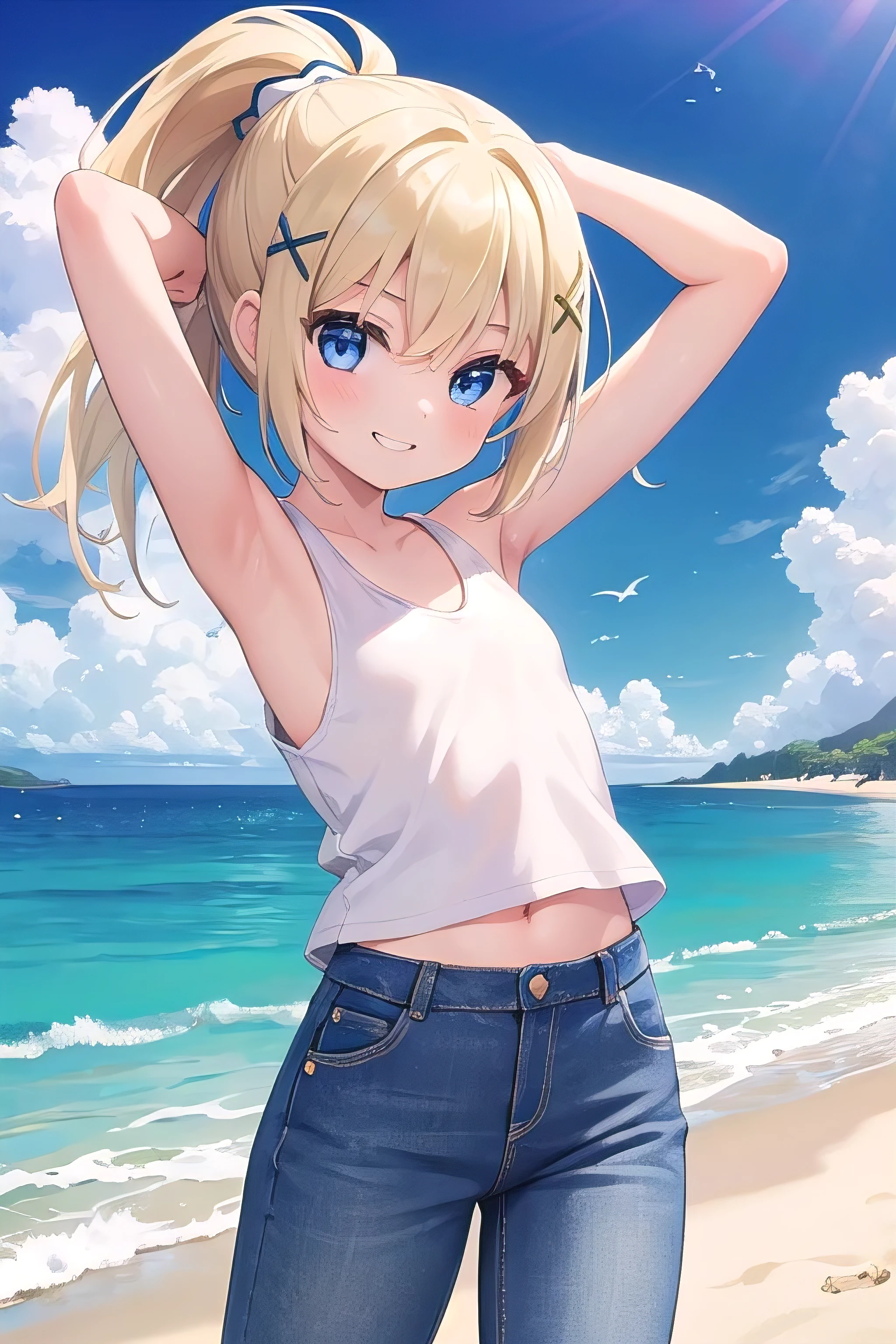 masterpiece、The depiction of hair is delicate one by one.、girl with、独奏、touch your lips with your index finger,、Duck mouth、kawaii faces、a blond、Chibi T-shirt、tiny chest、Short pants、Navel look、Summer sky、the beach、Mischievous grin、