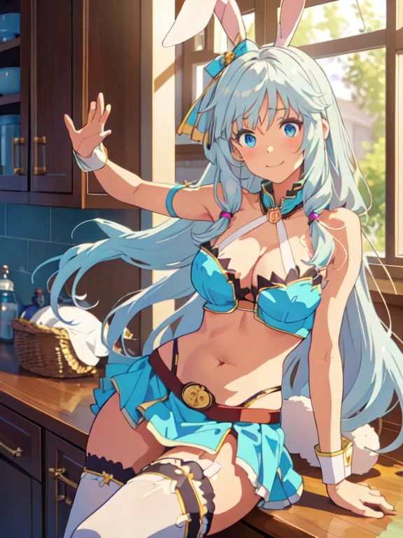 (best quality, masterpiece:1.2), cowboy shot, ultra detailed, 1girl,  shea haulia, BREAK, shea haulia, rabbit girl, aqua hair, silver hair, sidelocks, eyebrows visible through hair, very long hair, hair between eyes, blue eyes, aqua eyes, large breasts, rabbit ears, rabbit tail, shea haulia, season-two, rabbit girl, aqua hair, silver hair, light blue hair, blue hair, sidelocks, eyebrows visible through hair, very long hair, hair between eyes, blue eyes, aqua eyes, (((big breasts,))) rabbit ears, rabbit tail, blue bikini, bikini top, front-tie top, gold trim, hair ribbon, hair bow, blue ribbon, hair ornament, halterneck, detached collar, brooch, blue skirt, miniskirt, microskirt, pleated skirt, bikini skirt, showgirl skirt, underwear, white panties, highleg panties, wrist cuffs, detached sleeves, belt, thigh strap, leg garter, single thighhigh, uneven legwear, white legwear, frills, blue footwear, high heel boots, bare shoulders, cleavage, midriff, BREAK, chica coneja, ojos azules brillantes, ojos detallados , pestañas largas, orejas de coneja, cabello brillante, piel brillante, muslos, caderas anchas, covered nipples, blue miniskirt, viendo al espectador seductoramente, smiling, pose sexy, seductora chica, pose dinamica sexy, viendo al espectador en forma seductora, en lo alto de una montaña a la luz del día.