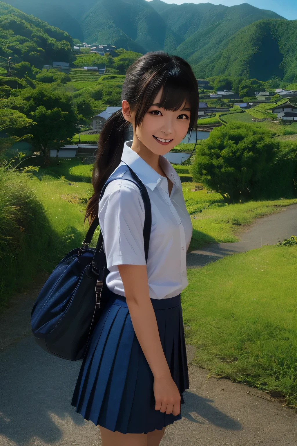 1japanese girl, white short sleeve collared shirt, white folded socks, pleated skirt, black loafers, lower ponytail, bangs, school bag, standing, smile, japanese countryside scenery, BREAK, full body shot, BREAK, (masterpiece, best quality:1.4), (8k, raw photo, photorealistic:1.2), ultra high res, detailed skin, detailed face, detailed eyes 