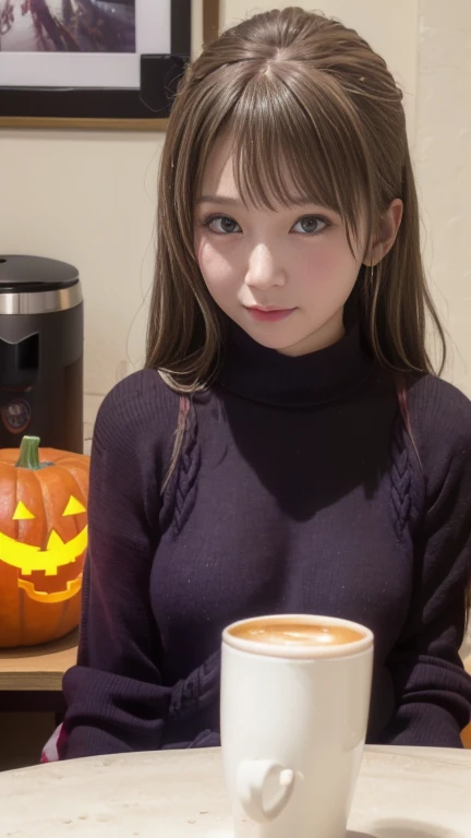 8k high definition quality、A room decorated for Halloween、halloween sweater, Cute Sweater、state of the art coffee maker、 cute high school girl