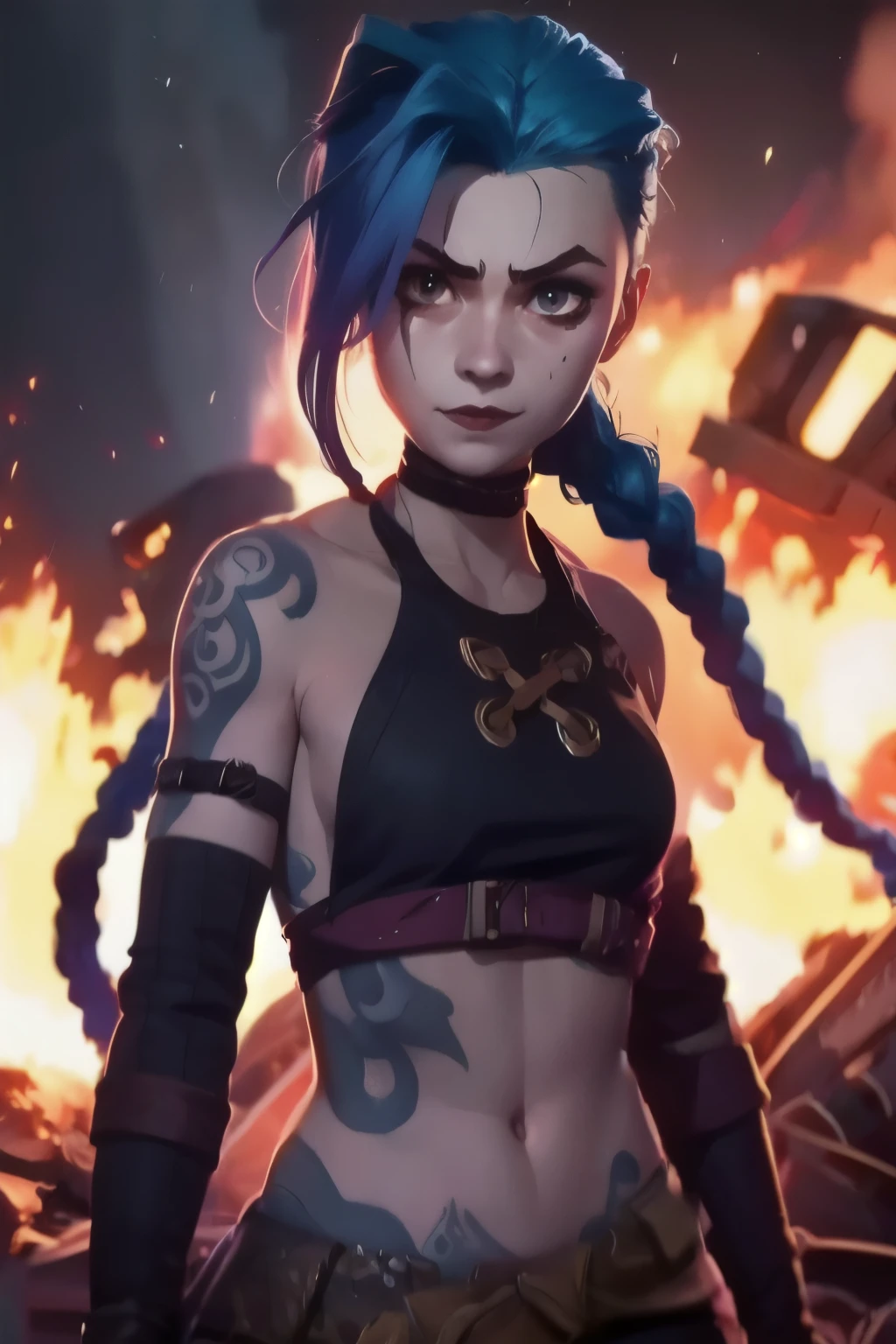 Jinx. Tattoo:0.3, Jinx costume, twin long braids . Best quality, detailed, intricate, 4K. ((Cinematic flames and explosion Background)).