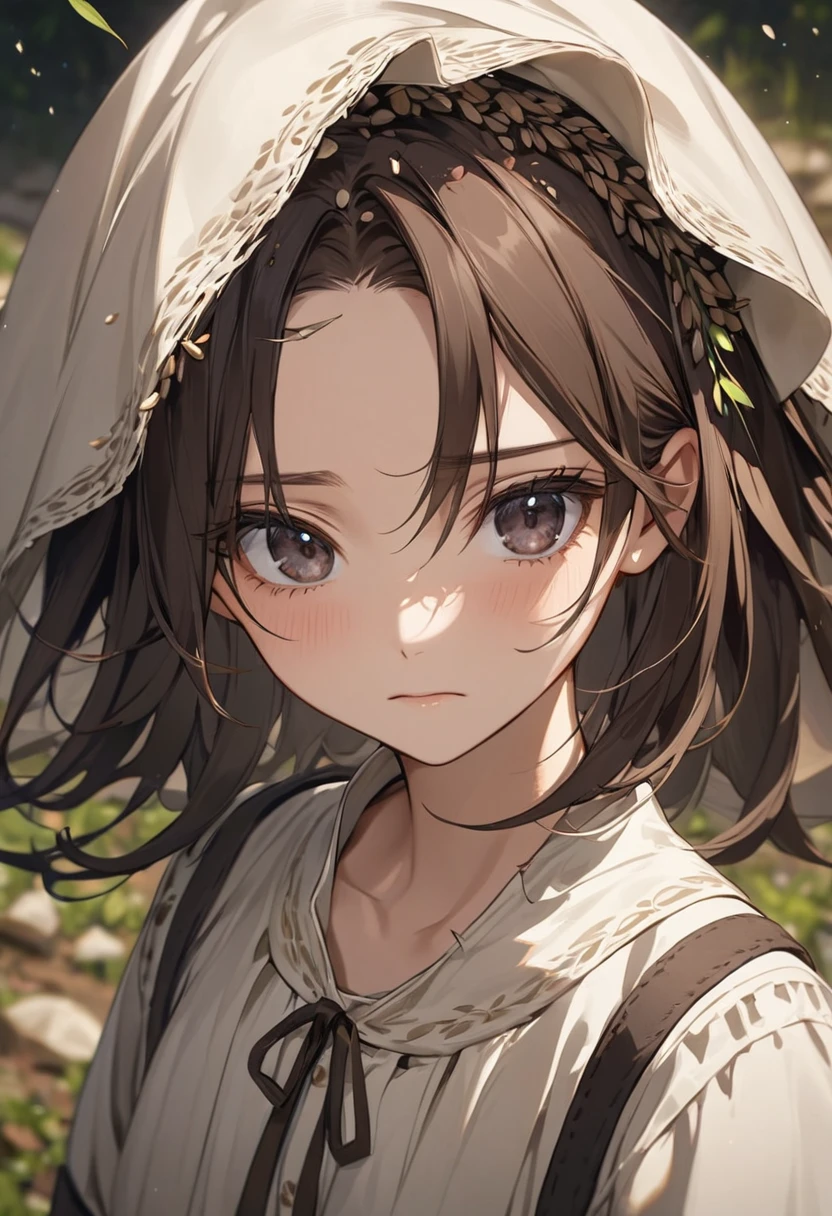 Close up on the face of a woman ,  medium size hair, fallen, dark brown, MAKE A STRAIGHT FRINGE COVERING THE ENTIRE FOREHEAD, seeds, dark eyes,  teenager,  peasant clothing , standing.