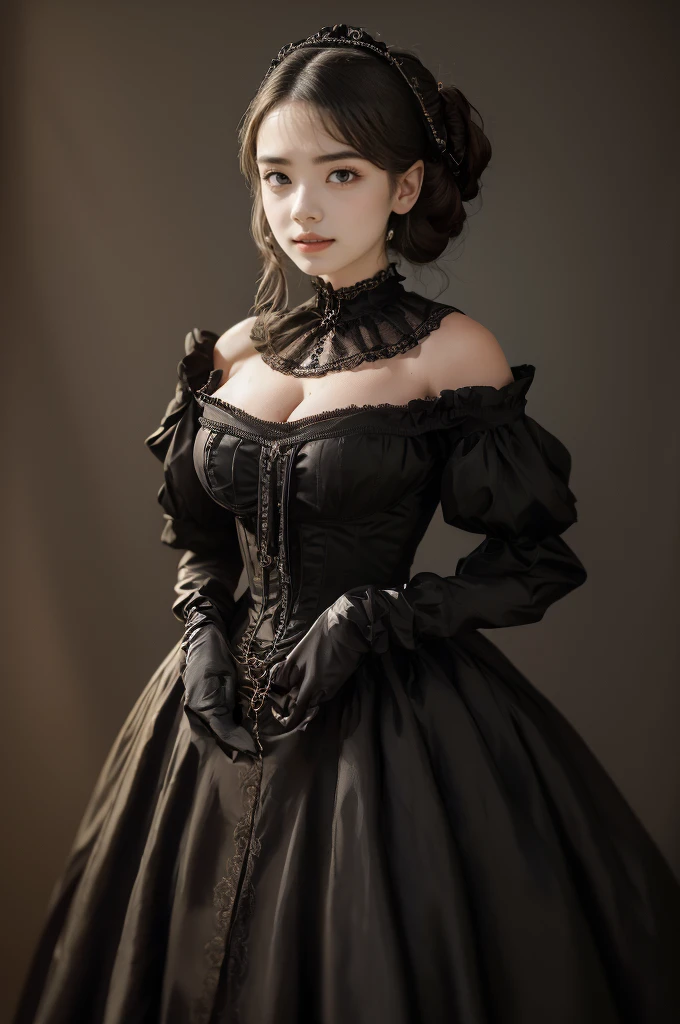  Classical Paintings , ((portrait: 1.3)),  a girl in a black dress ,  a formal Victorian style dress, ( Victorian evening dress : 1.3),  This dress has a stand-up collar ,  a 25-year-old young girl , Skin details, slim, Large Breasts，Breasts are about to overflow dress ，Natural complexion， black lace elbow gloves ，image，Embellished ,  red ruby necklace ,