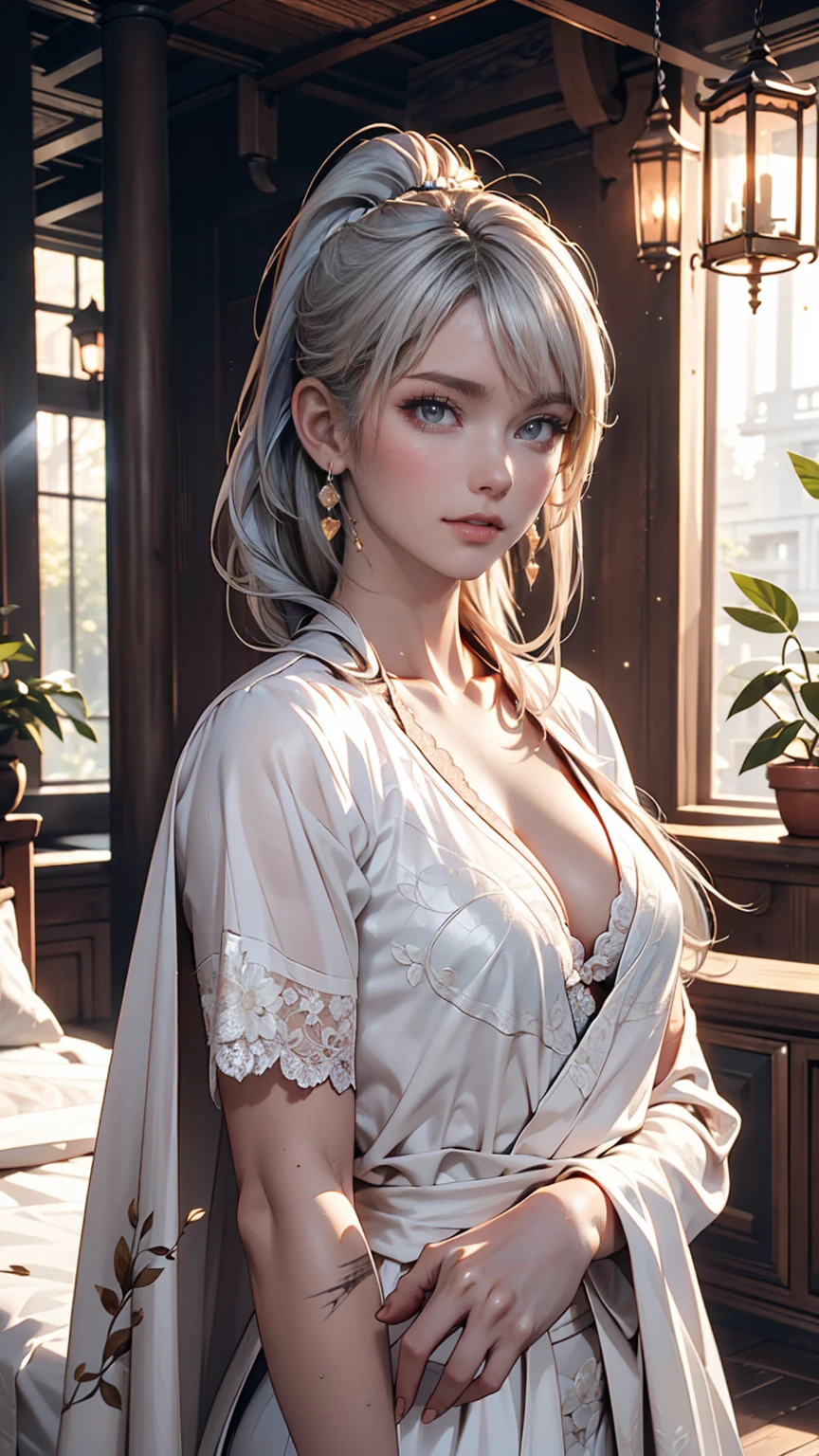 (Best Quality, masterpiece:1.2),  ultra high resolution, Realistic,  front lighting ,  intricate details ,   exquisite detail and texture,  1 girl, Alone ,(young), Face Enhancement,  upper body,   DETAIL FACE  , Scar bruise, white skin,  silver hair,  ponytail,   hair with braids,  is watching viewers, Big Eyes, silk robe, (Hollow pattern , white, silk),  earrings,  small breasts,  slender body , Luxurious Room,  PROFESSIONAL LIGHTING ,  photon mapping ,  radiosity ,  Physically Based Rendering ,