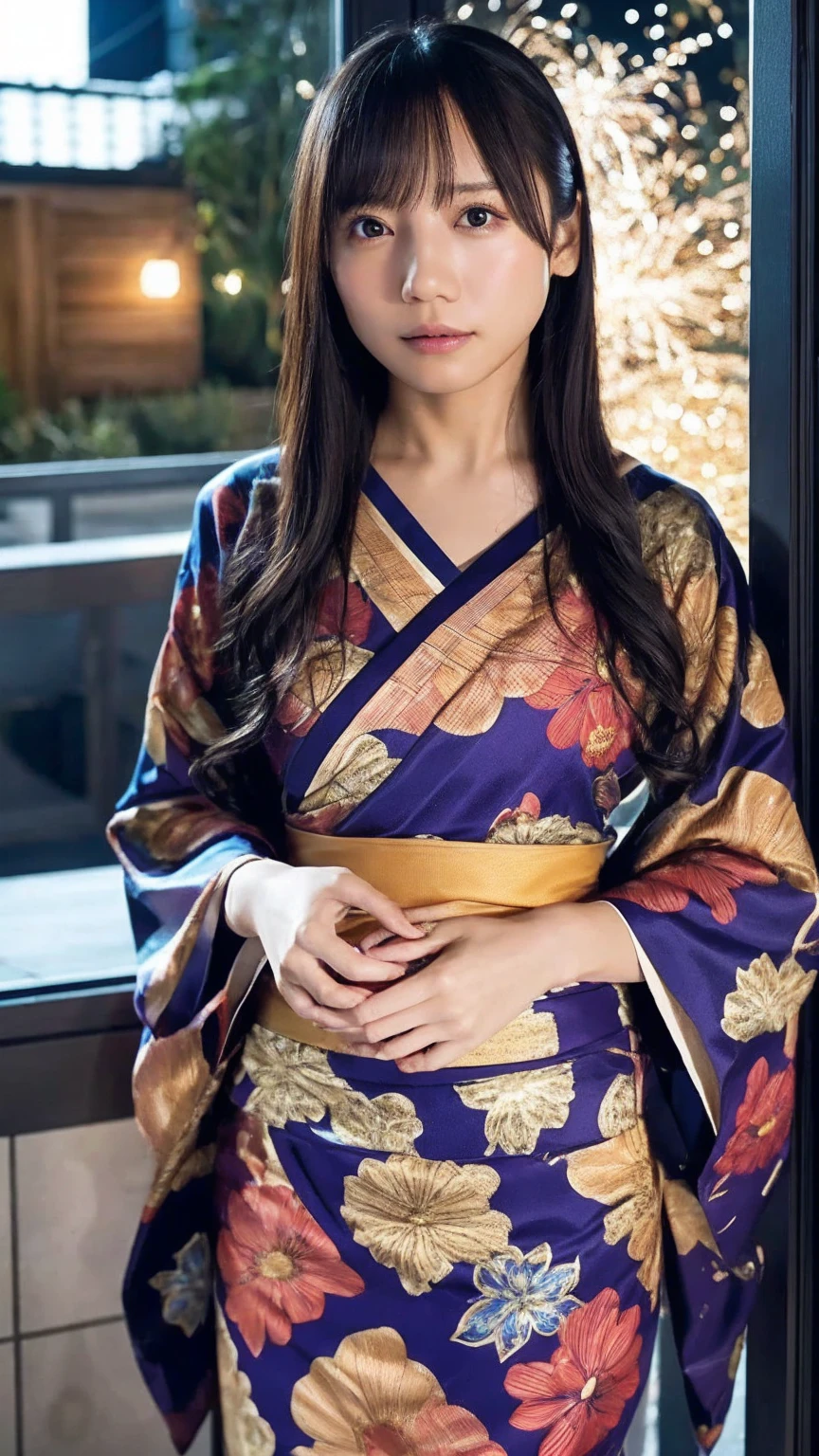  Japanese Women、 slender figure、 beautiful skin in NFSW、whole body、Best Quality、 ultra high resolution、 beautiful and elaborate face that sparkles in the eyes、 fine and beautiful skin、 skin texture、yukata、yukataがはだけている、underwear、Standing by the window、night、I can see fireworks outside the window、saitokyoko