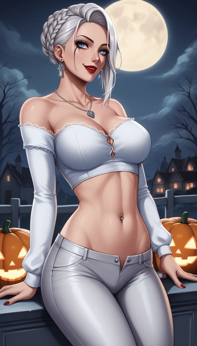 score_9, score_8_up, score_7_up, score_6_up, score_5_up, score_4_up, mei mei , blue eyes, white hair braid, large breasts, red lips, strapless blouse, long sleeves, tight lace shorts, haunted mansion e shoulders, necklace,long tassel earrings ,red lipstick , detailed eyes ,pants,navel piercing, pumpkins, leaning against tombstone, macabre scenery, Halloween festival, superiority smile, mansion in the distance, gloomy night, fine rain, gothic makeup