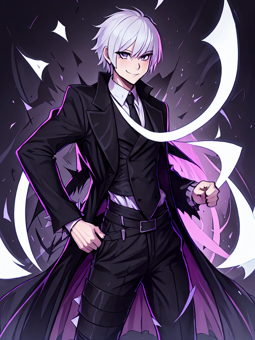 detailed,8k, Smiling illusionist with spiky white hair wearing a male overcoat, All-black attack mode (From the waist up)