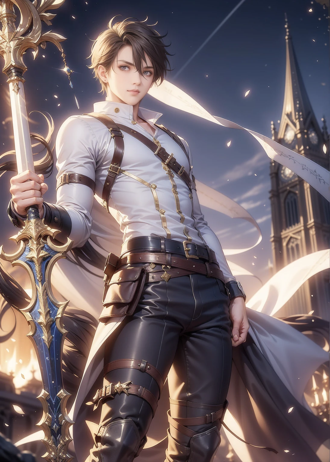 A 20-year-old young man with a noble and knightly demeanor stands confidently. He has brown hair and wears a white shirt, tucked into brown pants. Dark brown boots complete his outfit, and a sword hangs from his waist, the hilt peeking out from his side. His posture exudes discipline and strength, ready for a journey or a battle.