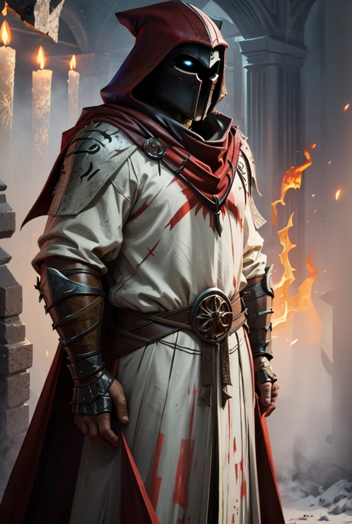 1boy, standing portrait, Central Focus, Centered, Fully in-frame, Solo, Standing still, zoomed out, Ritual Mask

Gender: male

Appearance: Ritual Mask, mysterious hooded figure in a long red cloak wearing a medieval knight chestplate and a mask with glowing runes