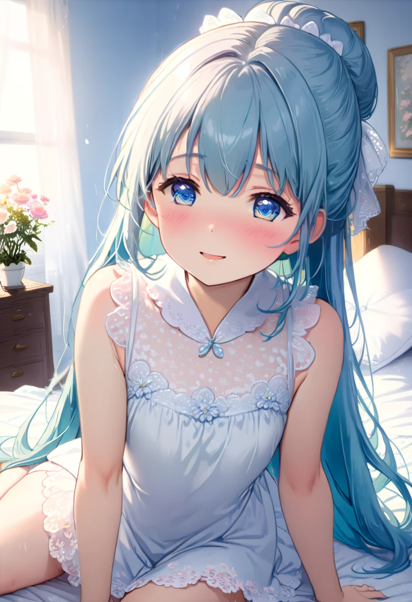 masterpiece, best quality, extremely detailed, (illustration, official art:1.1), 1 girl ,(((( light blue long hair)))), ,(((( light blue long hair)))),light blue hair, , long hair ((blush)) , cute face, big eyes, masterpiece, best quality,(((((a very delicate and beautiful girl))))),Amazing,beautiful detailed eyes,blunt bangs((((little delicate girl)))),(((tareme))),droopy eyes.(true beautiful:1.2), sense of depth,dynamic angle,,,, affectionate smile, (true beautiful:1.2),,(tiny 1girl model:1.2),)(flat chest),amazing, beautiful detailed eyes, blunt bangs (((little delicate girl)))), tareme (true beautiful: 1.2),puffy nipple ,areolae　、masterpiece, best quality, very aesthetic, absurdres, 1girl, solo, (selfie), nude, pussy juice, , sitting, (half open eyes), light smile, head tilt, embarrassed, blush, tired hair, heart-shaped pupils, sweat, zettai ryouiki, messy room, heart,A used pink vibrator on the bed、((petite,loli,toddler,short stature,9yo、Petite))),Ask for a hug