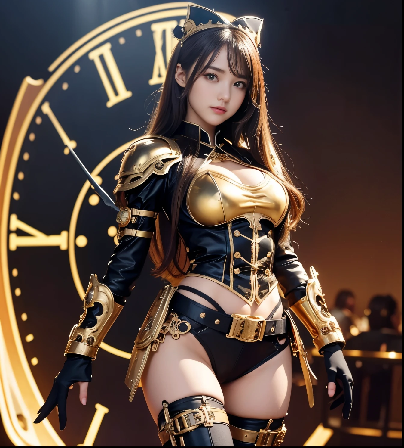 Gorgeous idol knight girl、whole body、Good styleThick legs、Steampunk Armor Uniform（Black and Gold）、Clock Belt、A pure girl&#39;s face、、、、、、Luminous watch　, pointy breast, blonde hair, blue eye, sexy