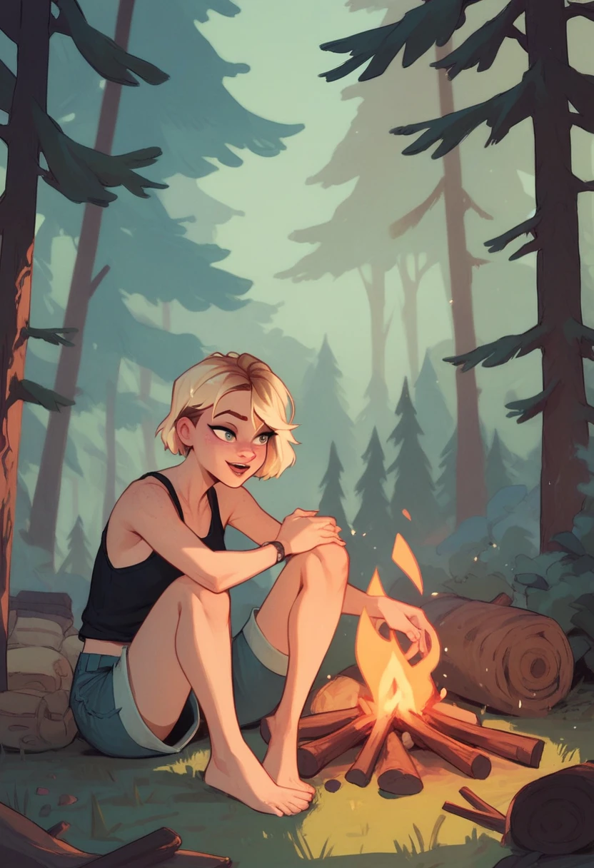 Gwen Tennyson, tank top, shorts, campfire, forest 