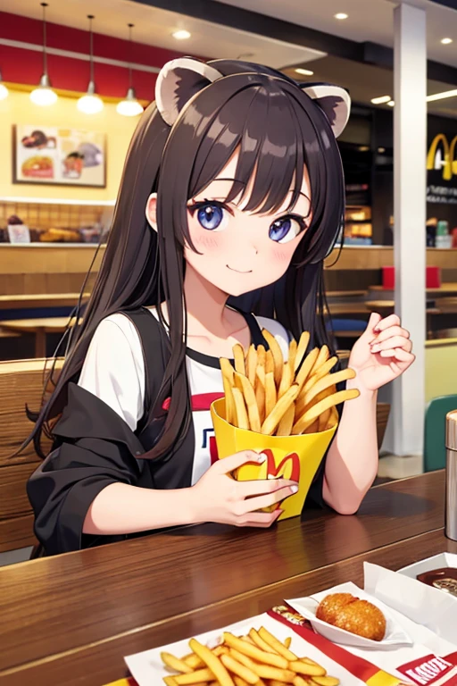 anime、High image quality、 high resolution、Raccoon dog eating french fries、 in McDonald's、