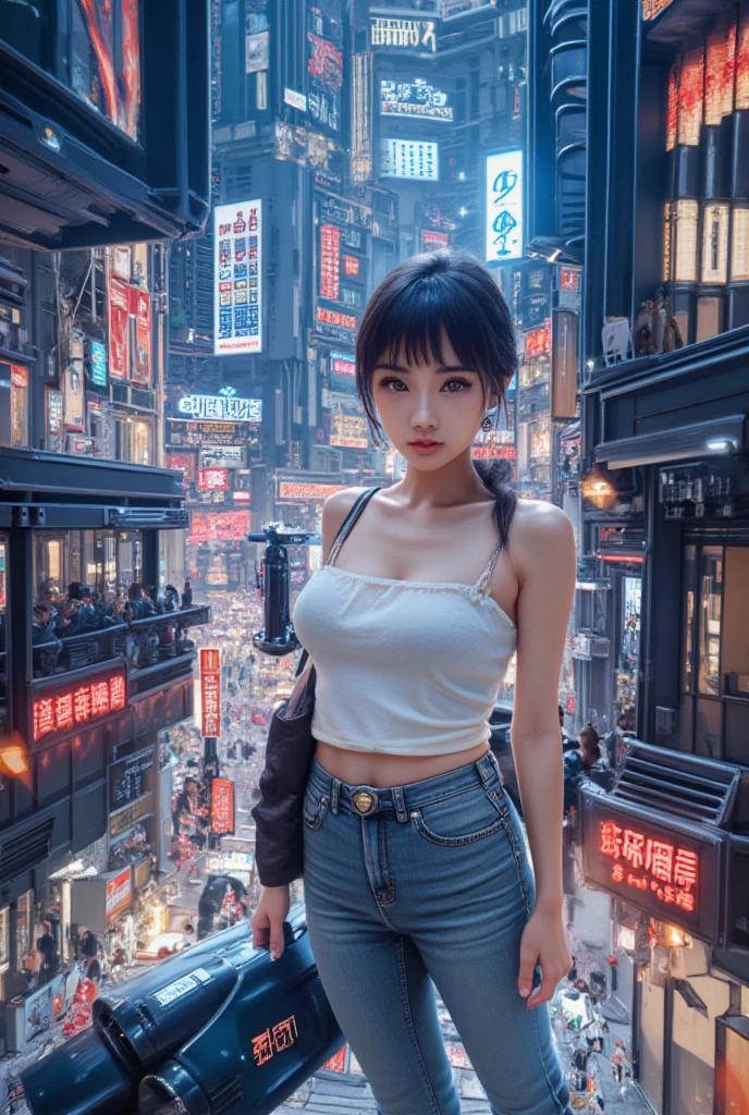 girl, beautiful, cyberspace, cyberpunk cityscape, top-down view, pixel art, intricate details, vibrant colors, neon lights, bustling streets, sleek cars, unique charm, (best quality,4k,8k,highres,masterpiece:1.2),ultra-detailed,(realistic,photorealistic,photo-realistic:1.37)