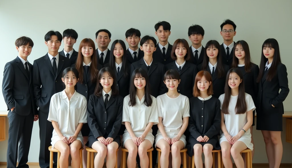 Graduation photos of junior high school students, a total of 20 boys and 22 girls group photos, among which a woman in the front row is different wearing red clothes, with a clear face, and teachers of various subjects, including Chinese teachers, mathematics teachers, physics teachers, English teachers, class teachers, school leaders, tele lenses, wide-angle lenses, high quality