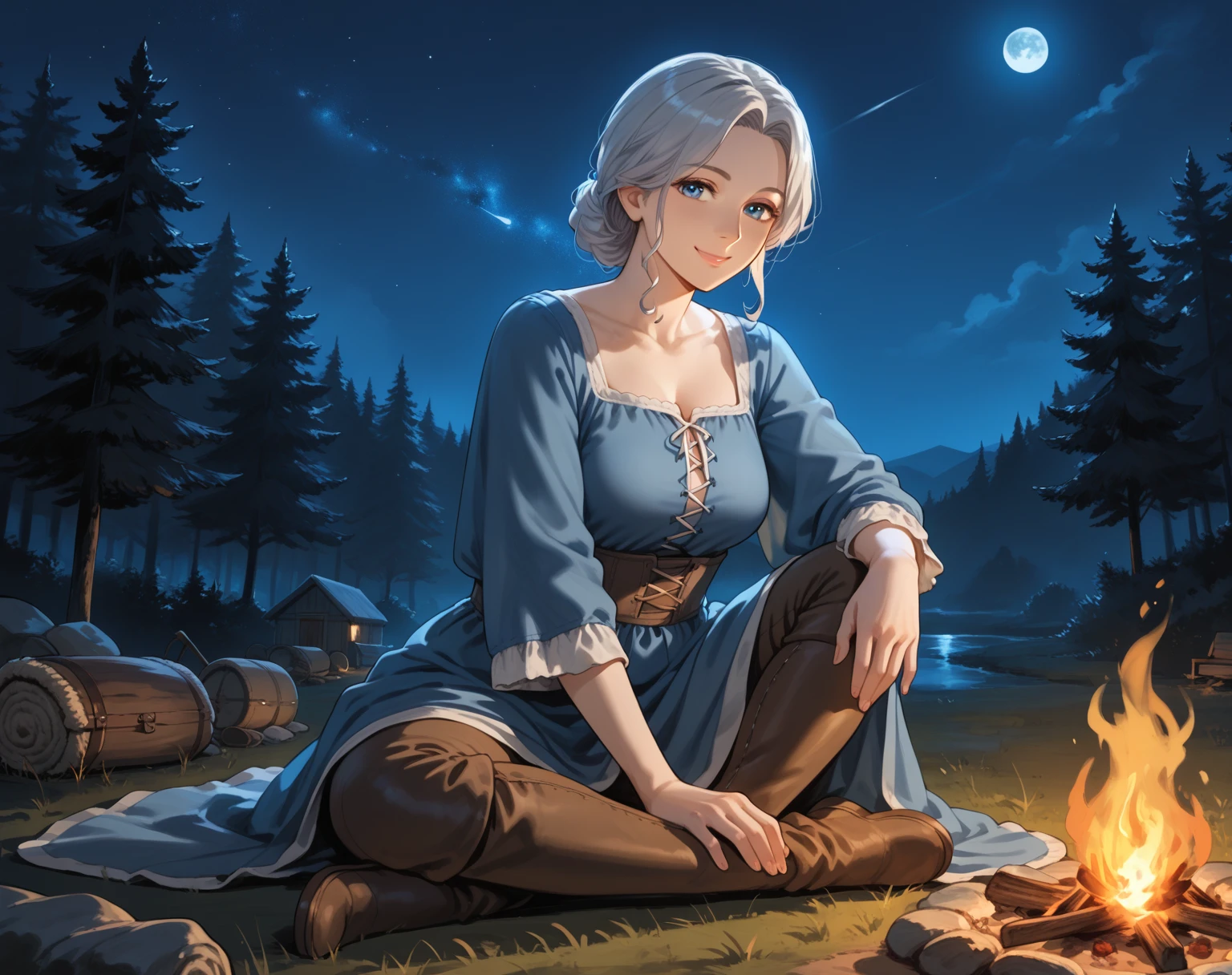 score_9, score_8_up, score_7_up, score_6_up, score_5_up, score_4_up, {{solo, anime, cowboy shot, campfire, camp, night, nightsky, outdoors, sitting, medieval fantasy}} mature woman, aged, siver hair, blue eyes, voluptous, gentle smile,