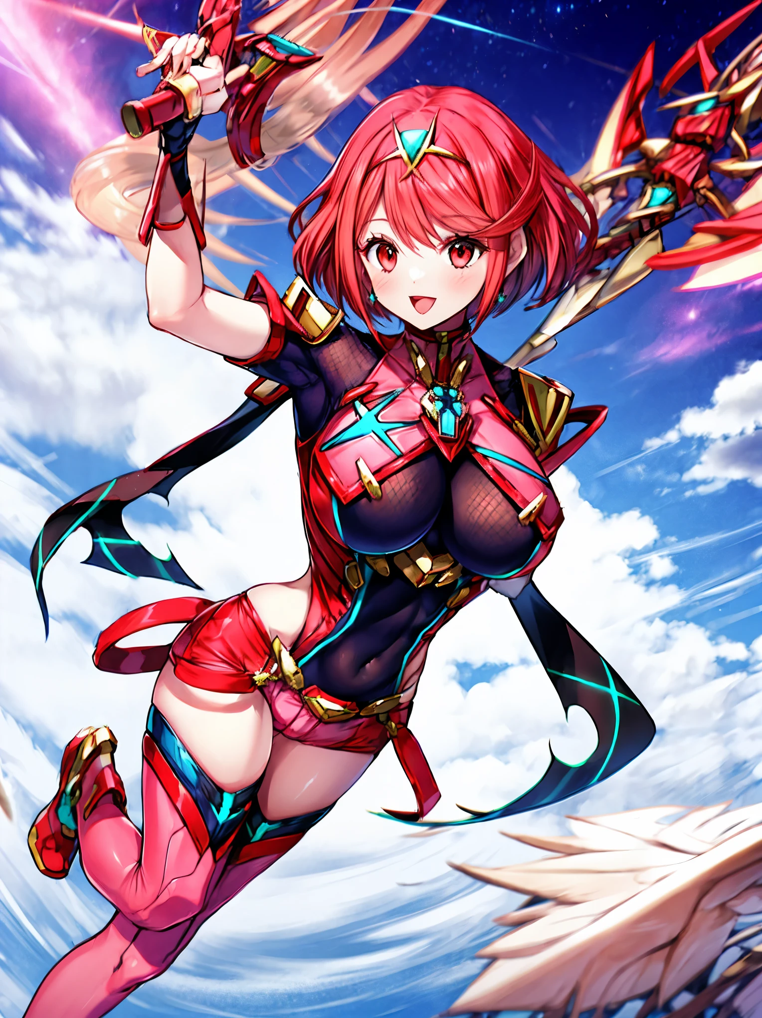 masterpiece, best quality, integrated scenery, integrated background, extremely delicate and beautiful, meticulous details, good composition, , cute face, perfect face, perfect hands, best quality, pyra \(xenoblade\), 1teen_girl, armor, bangs, black gloves, red_eyes, earrings,fingerless gloves, floating_hair, framed breasts, gem, hair ornament, headpiece, jewelry, large_breasts, leotard, red hair, red shorts, ,short hair, short shorts, short sleeves, shorts_sidelocks, skin_tight, solo, swept_bangs, thighhighs, tiara, night_town_background, turtleneck, underbust, vambraces, apart_legs,light_smile, (plump:0.6),sword, hold_large_sword_hilt, (covered_nipples:0.6), (covered_pussy:0.7),open_arms,light_open_mouth,covered_navel,boots