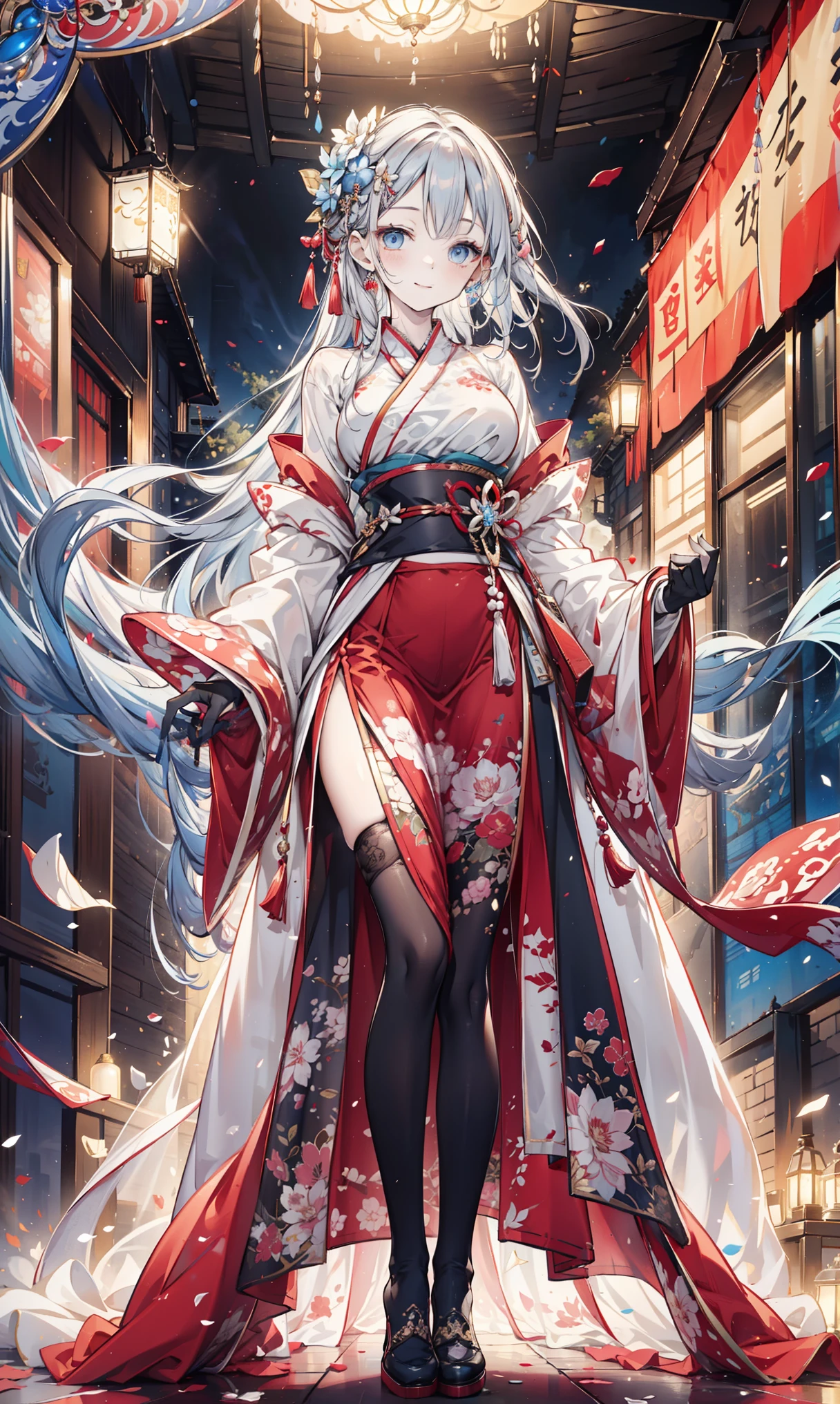 saint,Elegant and charming, Smile,in love,(Transparent and colorful Hanfu , Delicate and gorgeous design ), black gloves ,Silver Hair, blue eyes, See-through clothing,Exquisite hair accessories,Transparent lace, carved pattern ,Dress nicely, The background is an ancient Chinese palace, in the hall ,Elegant Posture,night,Carved pantyhose ,Super super details,Holy Magic,Light Particles, Exquisite pretty face and eyes ,Transparent skirt