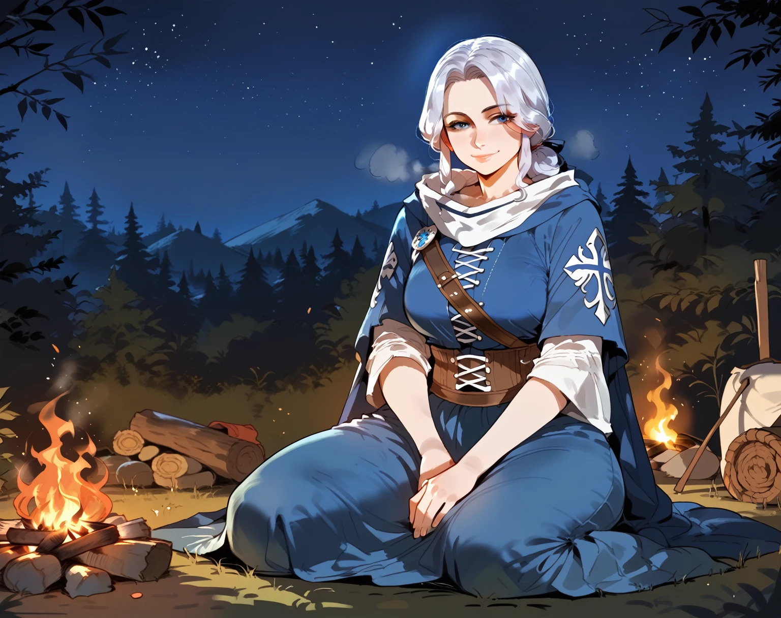 score_9, score_8_up, score_7_up, score_6_up, score_5_up, score_4_up, {{solo, anime, cowboy shot, campfire, camp, night, nightsky, outdoors, sitting, medieval fantasy}} mature woman, aged, siver hair, blue eyes, voluptous, gentle smile,