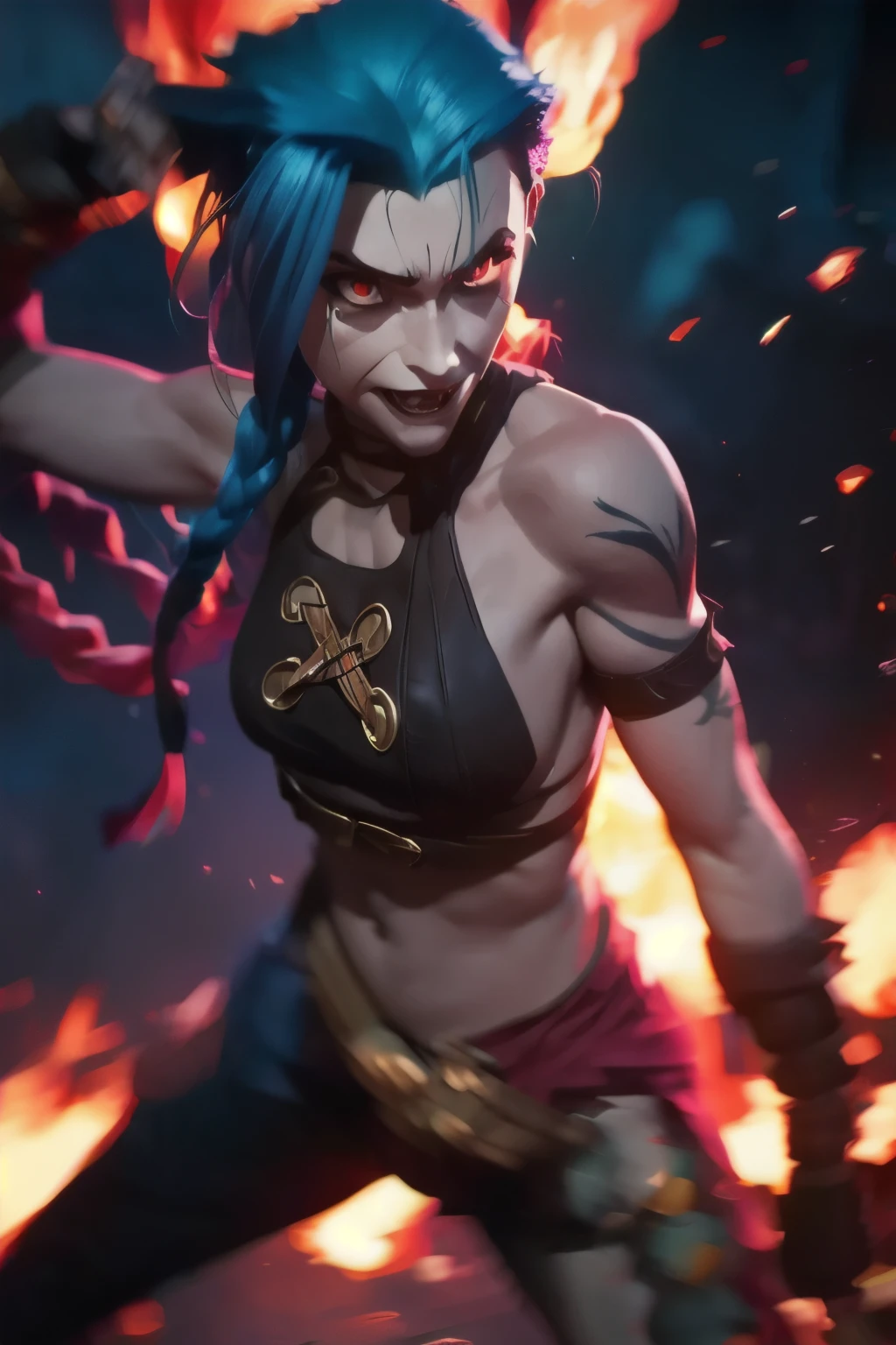 Jinx in dynamic fight pose . Jinx costume, twin long braids, belly tattoo. Best quality, detailed, intricate, 4K. ((Cinematic flames and explosion Background)).