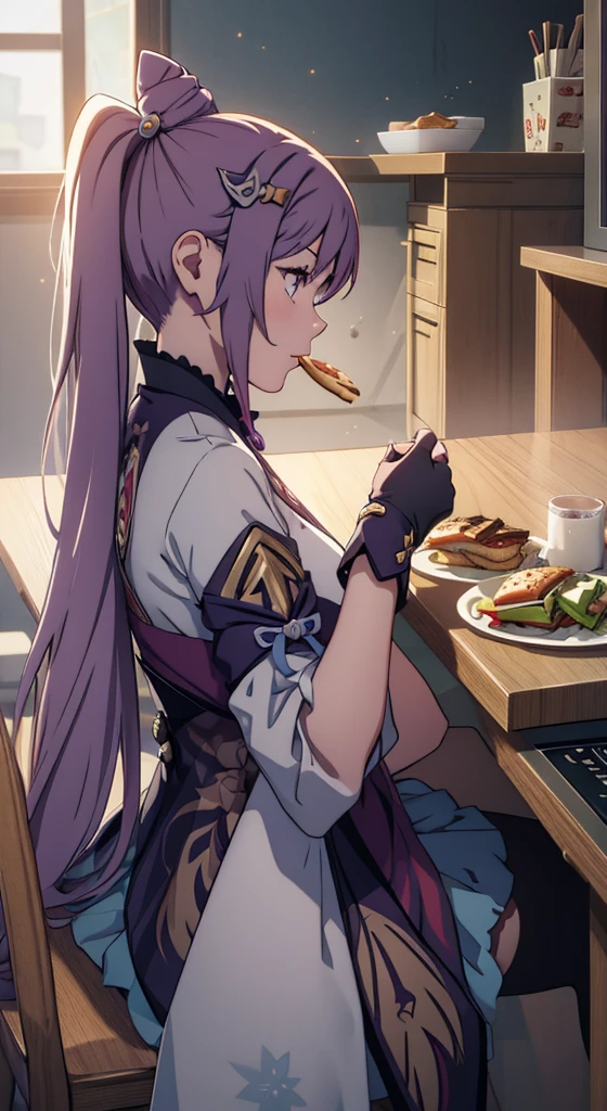 1girl, keqingdef, csm anime style, from side, looking away, sitting, eat snack, table, food corner, hold a burger