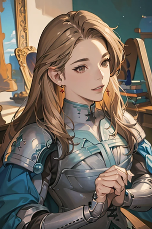 (Masterpiece,Best Quality, 4K, 8k,  high resolution, masterpiece:1.2), Super detailed, (Realistic, photoRealistic, photo-Realistic:1.37) ,Katarina( GRANBLUE FANTASY), GRANBLUE FANTASYスタイルで描く,Her hair is light brown , Beautiful Hair, Beautiful Hair型, beautiful details in her eyes , (Realisticな肌),Beautiful Skin,armor, Charming,smile, Beautiful Brown Eyes , rendering, add HDR to enhance visual effects , 超 high resolution,  studio lighting in the studio, Ultra-fine painting, Sharp focus, 物理ベースrendering, professional,  vibrant colors,(((Best Quality))), ((Super detailed)),((masterpiece:1.5)), Detailed Photos, (Best Quality: 1.4), 超 high resolution, High image quality,Perfect fingers,Perfect limbs,Perfect Fingers 