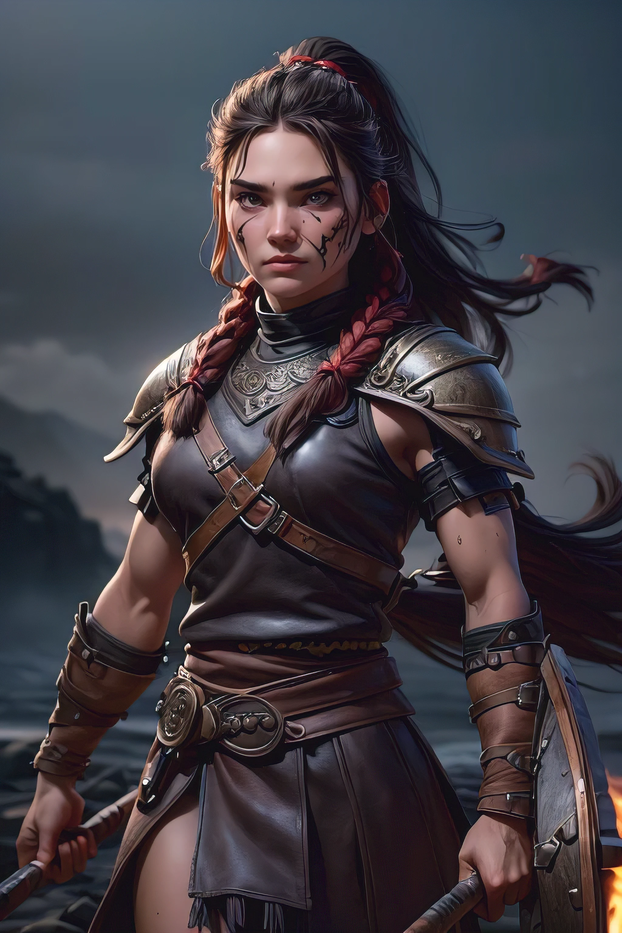 ( masterpiece , ultra high resolution:1.4), ( Photo of a Viking warrior with braided black hair.:1.3), (Tall stature and captivating brown eyes that emit a certain glow and light.:1.4), (Sony Alpha 1 camera, Renowned for capturing the highest level of detail in a photo:1.3), (paired with the Sony FE 85mm f/1.4 GM lens for stunning portraits:1.3), (The face of the Viking with perfect symmetry and impeccable features:1.2), (His face adorned with red war paint:1.3), (his intense yellow eyes shining with determination:1.2), (His leather warrior attire, covered in red war paint and battle stains:1.3), (Sony Alpha 1 camera capturing the textures of the leather and paint with precision:1.2), (The strong arms and the slender body of the Viking.:1.3), (standing with a dominant presence in the middle of the battlefield:1.1), (A light mist in the air, with volcanic ash falling gently from the sky:1.1), (The artistically blurred background, emphasizing the Viking warrior as the focal point:1.1), (His expression shows pure concentration and unwavering determination.:1.3), (The camera captures the emotion and intensity in your eyes:1.3), (The photo captures a moment of raw strength and warrior spirit:1.1), (the ultra high resolution ensuring every detail, from the intricacies of her braided hair to the tiniest streak of war paint, is preserved:1.1), (A moment frozen in time, Showing the bravery and ferocity of a Viking warrior:1.1), cinematographic, Hyperdetailed, Crazy details, beautifully colored, Unreal Engine, dof, Super resolution, Megapixel, cinematographic lightning, Antialiasing, FKA, Thai, RTX, SSAO, Postprocessing , post-production, tone mapping, cgi, visual effects, sound effects, Incredibly detailed and intricate, hyper maximalist, Hyper realistic, volumetric, photorealistic, ultra photorealistic, Ultra detailed, intricate details , 8K, Super detailed, in full color,