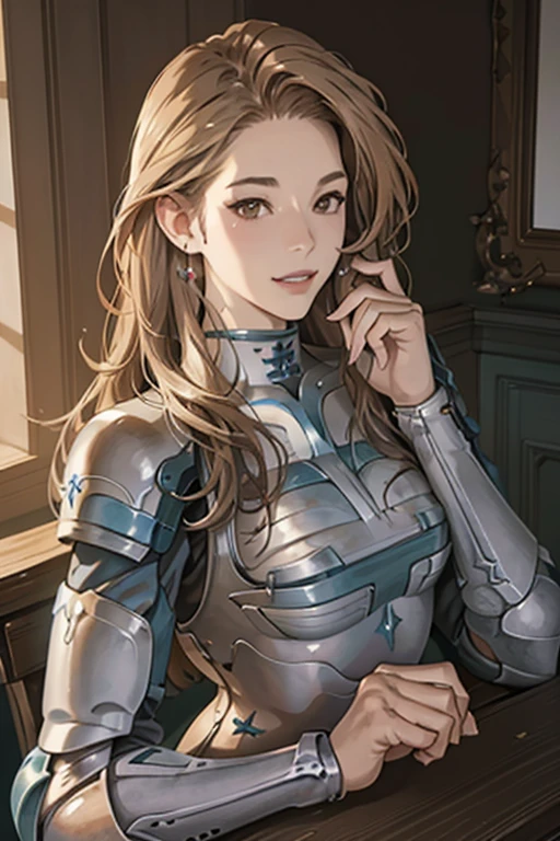 (Masterpiece,Best Quality, 4K, 8k,  high resolution, masterpiece:1.2), Super detailed, (Realistic, photoRealistic, photo-Realistic:1.37) ,Katarina( GRANBLUE FANTASY), GRANBLUE FANTASYスタイルで描く,Her hair is light brown , Beautiful Hair, Beautiful Hair型, beautiful details in her eyes , (Realisticな肌),Beautiful Skin,armor, Charming,smile, Beautiful Brown Eyes , rendering,Perfect fingers,Perfect limbs,Perfect Fingers 