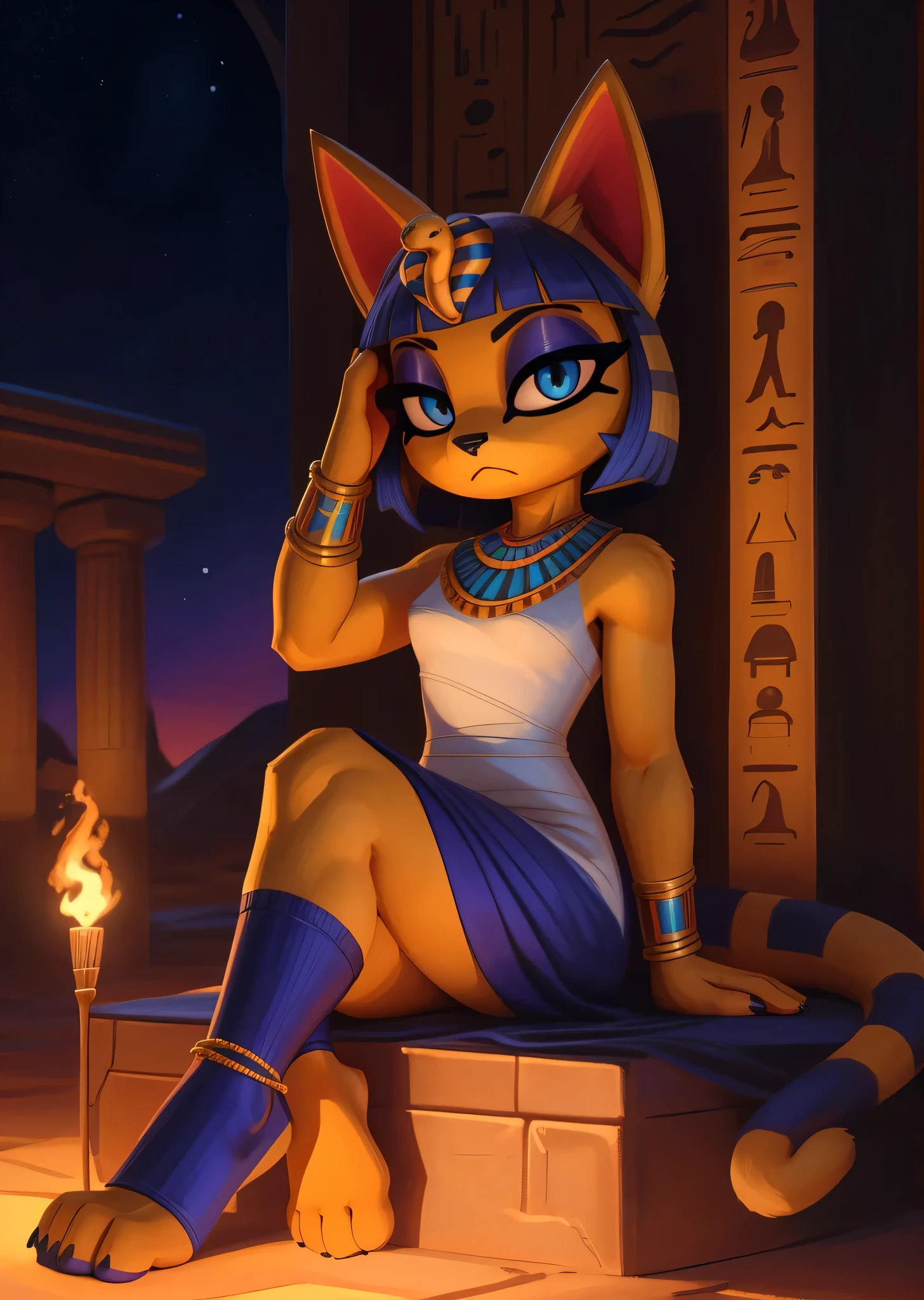 [ankha], [Animal Crossing], [Uploaded to e621.net; (Pixelsketcher), (wamudraws)], ((masterpiece)), ((HD)), ((high res)), ((solo portrait)), ((full body)), ((bird's-eye view)), ((feet visible)), ((detailed fur)), ((detailed shading)), ((beautiful render art)), ((cinematic lighting)), {(slim figure), (yellow fur), (black nose), (cute blue eyes), (indigo eyeshadow), (egyptian eye makeup), (cat ears), (long striped tail), (curvy hips), (beautiful toned legs), (defined feet), (frown)}, {(short white dress), (colorful necklace), (detailed snake headwear), (blue bracers), (gold anklets), (blue stirrup socks)}, {(laying on side), (head on pillow), (hand on face), (crossed legs), (looking at viewer)}, [ambient lighting, desert temple, bedroom, torch on wall, nighttime]