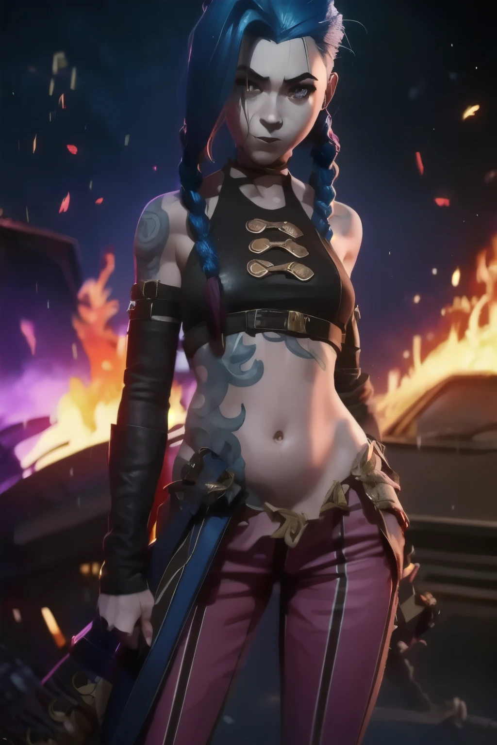 Jinx . Jinx costume, twin long braids, belly tattoo. Best quality, detailed, intricate, 4K. ((Cinematic flames and explosion Background)). 