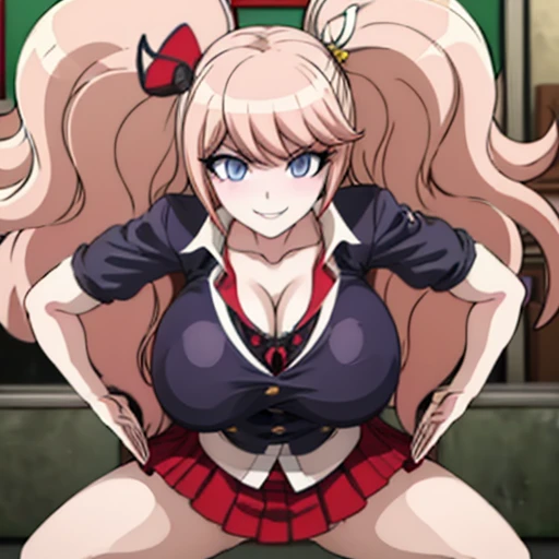 1 person, (( high quality)), Chest,(((  DETAIL FACE  ，)))  shiny , 1 personで,Outdoor, Gloves,  Enoshima Junko, pink gold long hair ,  one girl playing pranks,  twin tails, Alone,sweat，  blue eyes ,, Bans, Bear fur ornament, (Red nails),  red ribbon,  Black Shirt , underwear, (((Huge breasts，))) choker,  Black Bra , Chestの谷間, clavicle,  Roll Up Your Sleeves , White Thailand,  pleated checkered red skirt, (Student Uniform),  black cross lace knee-high boots ,  shiny ,  shiny  Hair, View School, School Aisle , School Window, Tsundere、cute， Condescending Smile ，roar， blanking、Open your mouth、school bag、Beautiful Hands、index finger、(Toenails)、(Red nails),Ink and watercolor