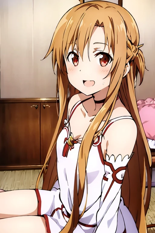 ((Best Quality)), ((masterpiece)), (be familiar with),  perfect face, indoor, bedroom,  is watching viewers,
One woman, Yuuki Asuna,
 characters with open mouth , Ecstatic expression, blush, smile,
Small breasts,  flat chest, , ,  kids, Girl,
Long Hair,  long hair,
Leg spread,