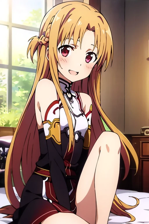 ((Best Quality)), ((masterpiece)), (be familiar with),  perfect face, indoor, bedroom,  is watching viewers,
One woman, Yuuki Asuna,
 characters with open mouth , Ecstatic expression, blush, smile,
Small breasts,  flat chest, , ,  kids, Girl,
Long Hair,  long hair,
Leg spread,