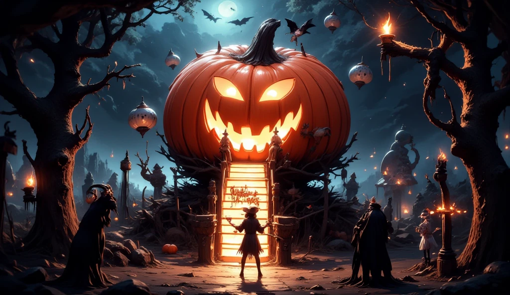  A pumpkin-shaped house ,  the eyes burn like candle lights , open mouth, smile broadly ,  Tongue like a ladder from the mouth ,  Dark night ,  The moon in the sky with a smile and eyes , } Witches fly through the sky in robes and black hats on brooms ,  The trees grow twisted and dry ,  A sinuous path made of stone ,  Zombie hands pulled from the ground ,  Skeletons stand near the house down the stairs on either side with pumpkins in their hands ,  In In front of the house there is a fence made of branches on which roses with thorns are entwined,  A gate with the inscription Halloween glows in neon ,  A goat stands in front of the gate ,  is at the beginning of the image ,  reaching out to the gate , masterpiece,  Maximum quality ,   intricate details , Shadow Game, 8 mil, complete drawing,