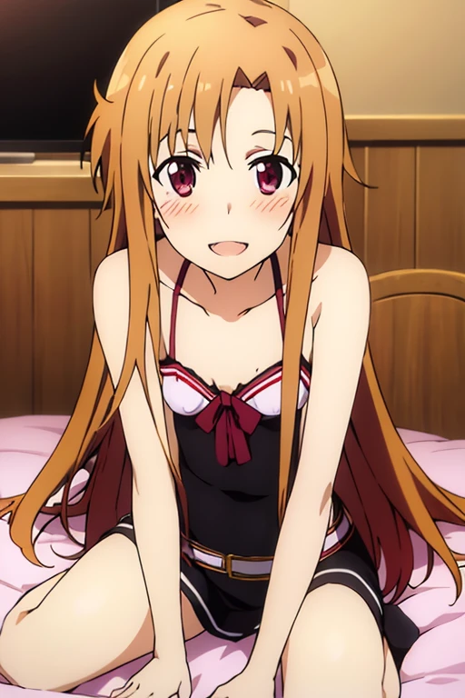 ((Best Quality)), ((masterpiece)), (be familiar with),  perfect face, indoor, bedroom,  is watching viewers,
One woman, Yuuki Asuna,
 characters with open mouth , Ecstatic expression, blush, smile,
Small breasts,  flat chest, , ,  kids, Girl,
Long Hair,  long hair,
Leg spread,