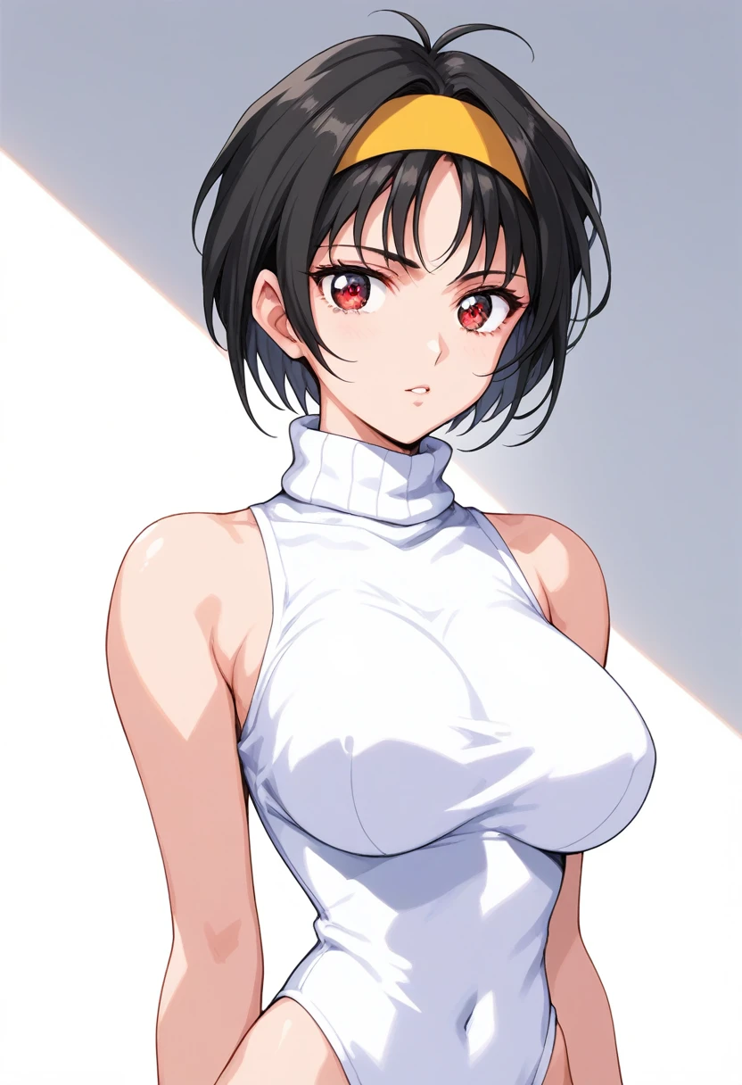 score_9, score_8_up, score_7_up, 
finalromancer, hayami_ryoko, ryouko, solo, short hair, black hair, hairband, yerrow hairband, red eyes, large breasts, 
BREAK
leotard, highleg, turtleneck, 
pupils sparkling, 