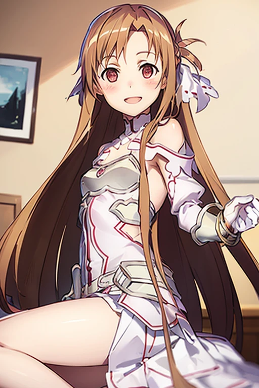 ((Best Quality)), ((masterpiece)), (be familiar with),  perfect face, indoor, bedroom,  is watching viewers,
One woman, Yuuki Asuna,
 characters with open mouth , Ecstatic expression, blush, smile,
Small breasts,  flat chest, , ,  kids, Girl,
Long Hair,  long hair,
Leg spread,