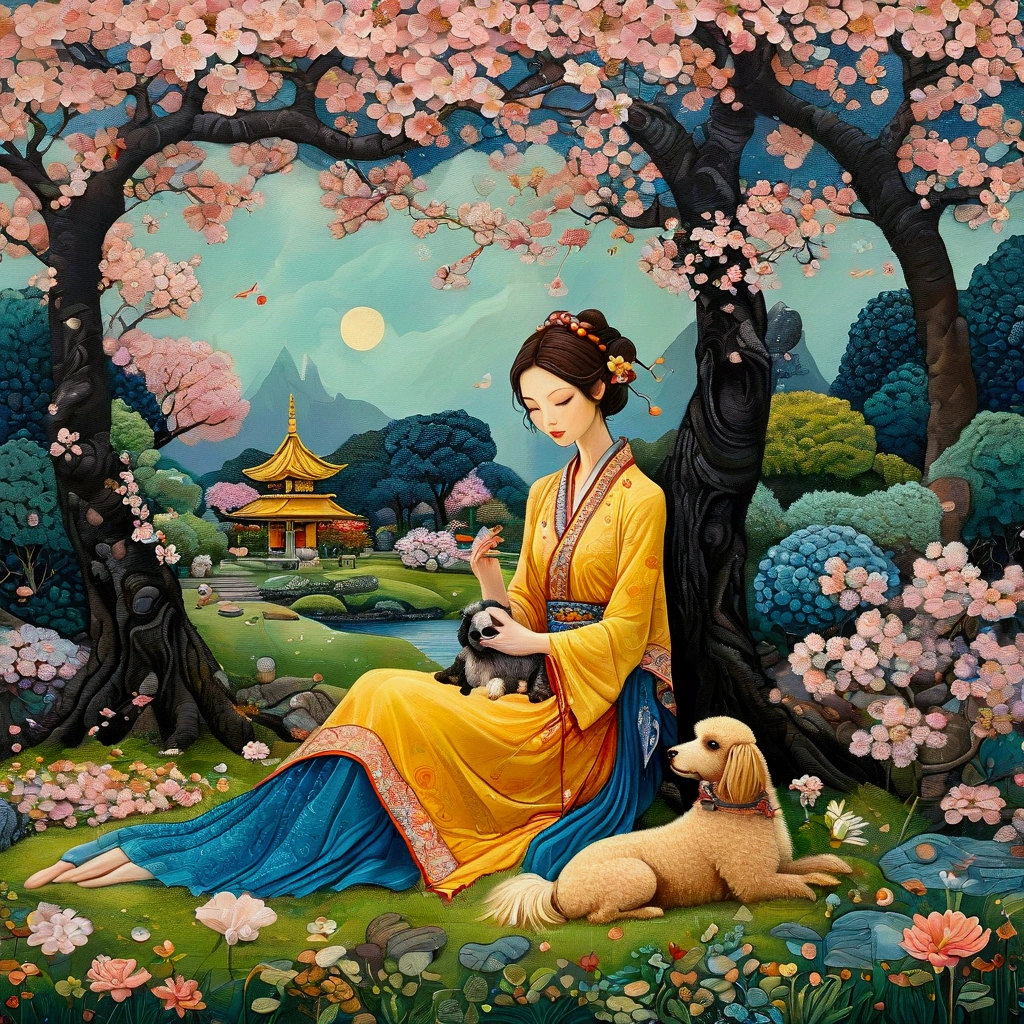 Breathtaking, rough impasto colourful acrylic art in the style of Amanda Clark, Jacek Yerka, Benjamin Lacombe and Amanda Sage. featuring bold colors and geometric patterns. A European woman, brown hair, dressed in ochre and blue summer clothes, in a beautiful Japanese garden, is sitting on a lawn with her black dwarf poodle and watches the petals of the cherry trees falling from the trees. Cherry blossoms. Petals. Rich and varied textures, 3D brushwork, intricately detailed. crisp quality colourful very cute
