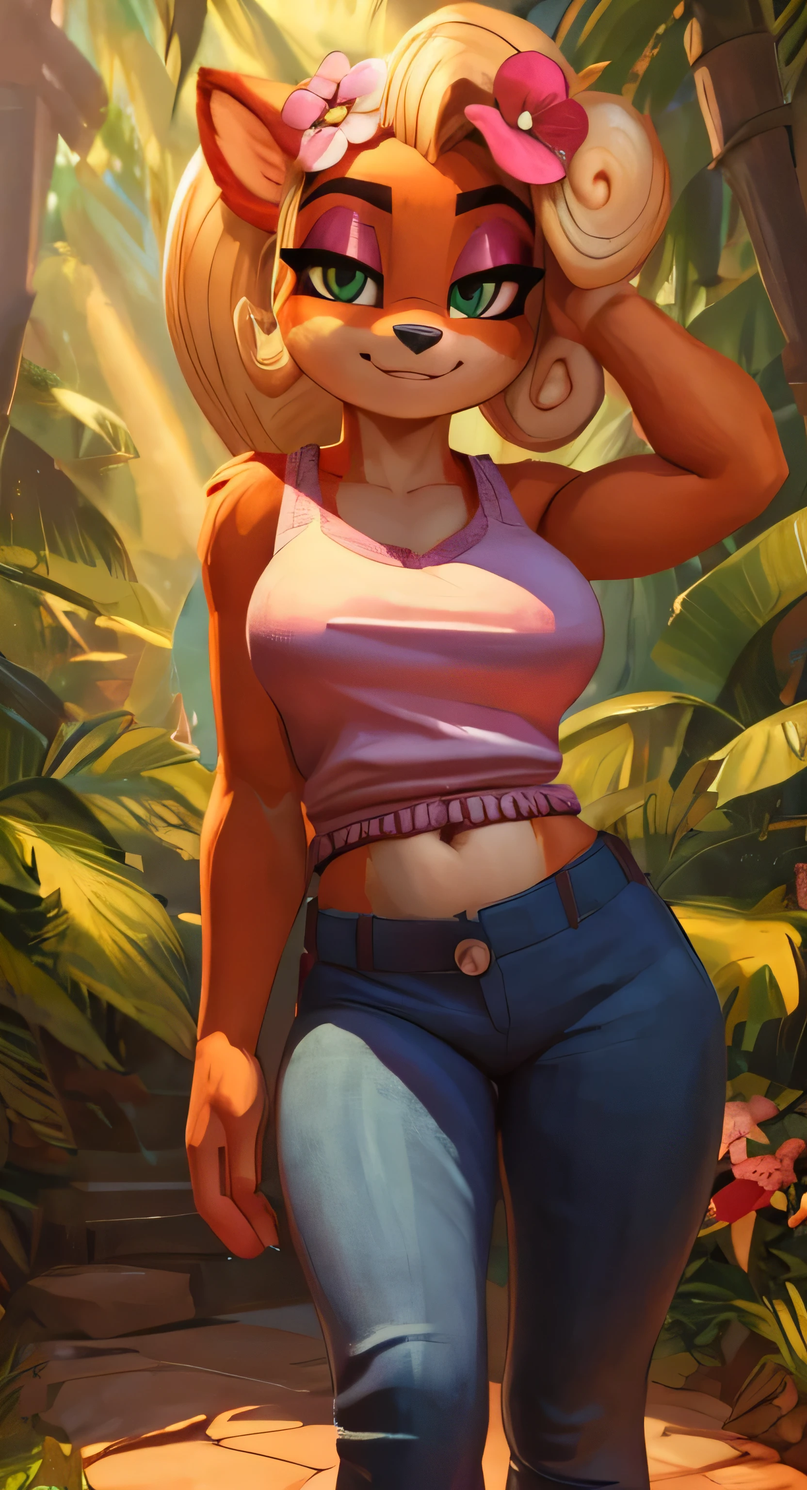 [Coco bandicoot], [Uploaded to e621.net; (Pixelsketcher), (wamudraws)], ((masterpiece)), ((solo portrait)), ((front view)), ((shoes visible)), ((1girl)), ((furry; anthro)), ((detailed fur)), ((detailed shading)), ((beautiful 3D art)), {anthro; (orange fur, black nose), cute green eyes, blonde hair, curly ponytail, curly bang, cleavage, happy smile, (navel)}, {(white tank top), (black cargo pants), (pink flower in hair), pink round sunglasses, (pink sneakers)}, {(sitting on tree stomp), (looking at viewer)}, [background; flower plains; (trees, sun rays through trees)]