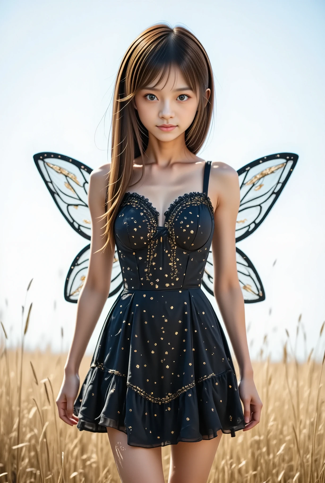 photo of Japanese girl, focus on the eyes, 1girl, long hair, super light brown hair, slim body shape, high contrast, detailed eyes, detailed hair, Position your eyes closer to your nose, 20yo, 

A playful princess dress covered in sparkly stars, complete with a matching tiara and fairy wings, 

A dreamy night sky filled with twinkling stars, a gentle breeze rustling through the tall grass in a meadow, She is holding a Siamese cat kitten.