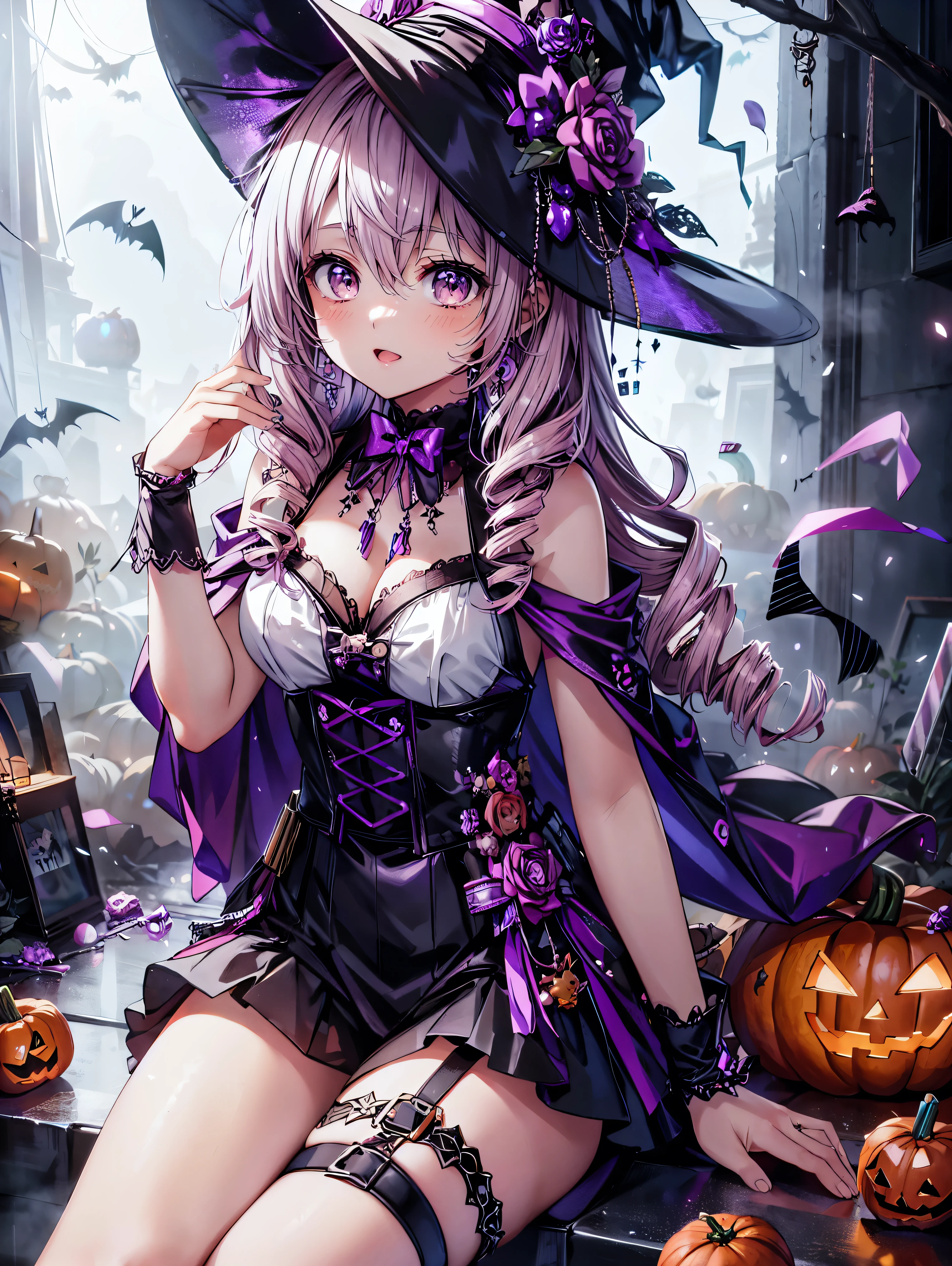 (( Ultra HD)), ((Super detailed)), ((Best Quality)), Young woman,  Halloween ,   Halloween Costume , witch, witch's hat, lanthanum, 🎃, ((sweets, candy, cookie)), 
BREAK 
drill hair, pink hair, happy smile,  long eyelashes , from front, sitting, Light makeup, (((Complete Hand))), 
BREAK 
fog , Milky fog around ghostly ,  amazing digital paint, (anime moe art style:1.3),  Eerie Atmosphere , dark atmosphere,  movie lighting ,  Halloween Effects , 