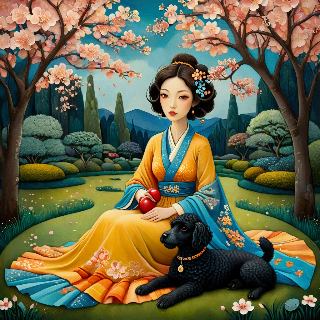 Breathtaking, rough impasto colourful acrylic art in the style of Amanda Clark, Jacek Yerka, Benjamin Lacombe and Amanda Sage. featuring bold colors and geometric patterns. A European woman, brown hair, dressed in ochre and blue summer clothes, in a beautiful Japanese garden, is sitting on a lawn with her black dwarf poodle and watches the petals of the cherry trees falling from the trees. Cherry blossoms. Petals. Rich and varied textures, 3D brushwork, intricately detailed. crisp quality colourful very cute
