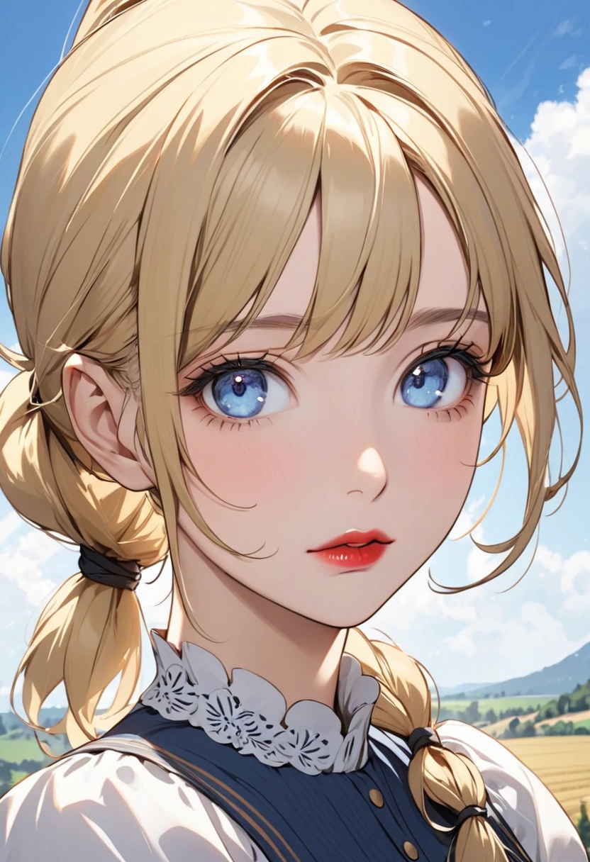 Close up on the face of a woman  ,    hair tied with a ponytail, blonde, blue eyes,   a peasant dress  , background with a sky , lipstick