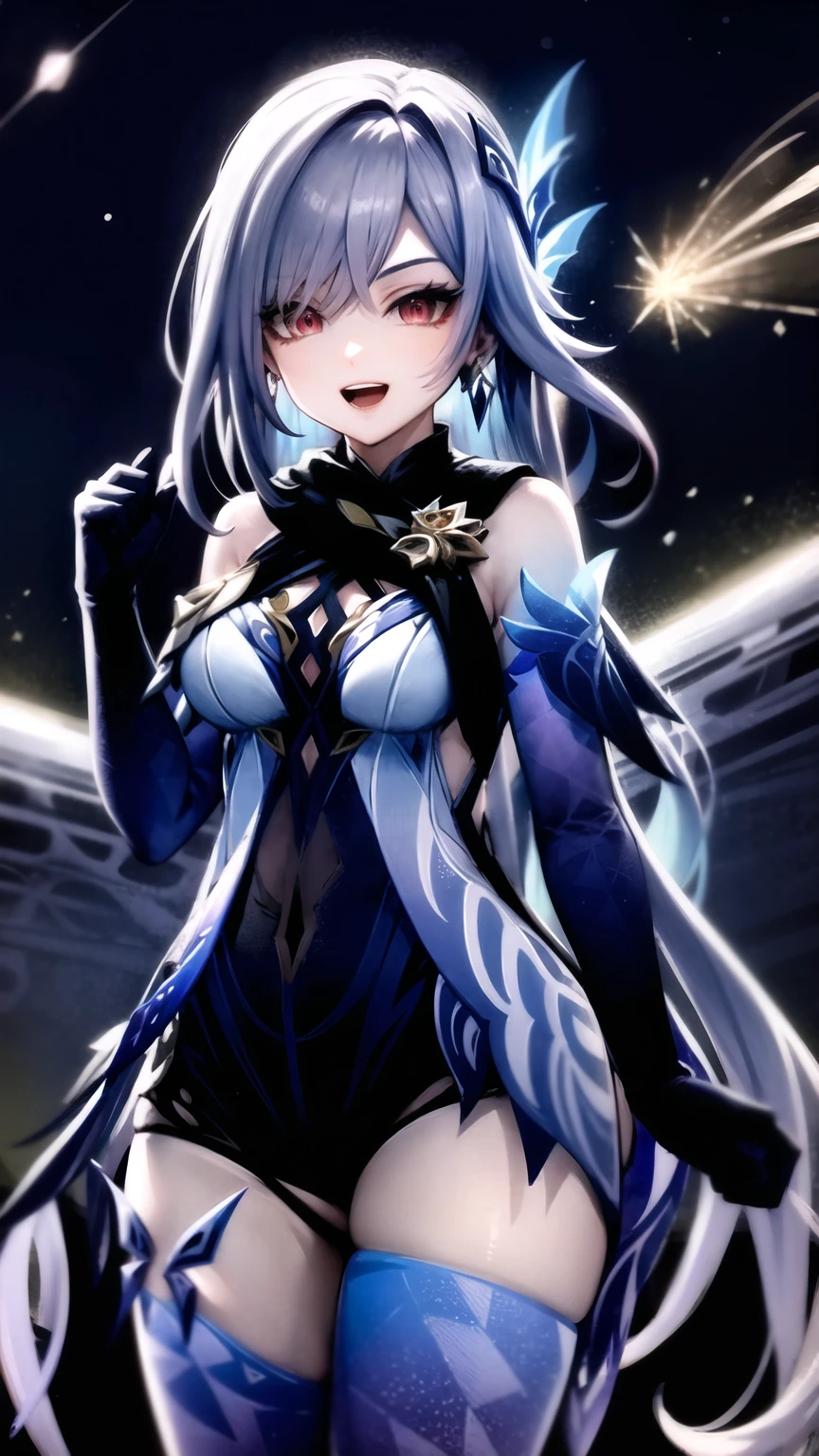 1 girl, assign \(genshin impact\),  elbow gloves , earrings, cable, tall blue tights , black scarf,  butterfly hair ornament, armoured leotard ,  looking at the spectator, starry sky, shooting star, smile,  Open mouth,  hand to mouth , cowboy shot, Standing,  masterpiece 