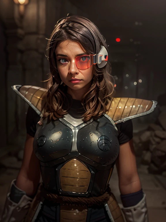 Saiyan Scouter, Saiyan_Scouter, scouter, tinted eyewear, saiyan armor, armor, 1girl,  (muted colors, cinematic, dim colors, soothing tones:1.2), insanely detailed, hyperdetailed,  soft lighting, high quality, textured skin, detailed pupils, visible skin detail, skin fuzz, realistic photo, highly detailed, RAW photo, skin pores,  Standing, fantasy landscape