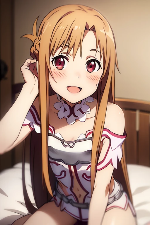 ((Best Quality)), ((masterpiece)), (be familiar with),  perfect face, indoor, bedroom,  is watching viewers,
One woman, Yuuki Asuna,
 characters with open mouth , Ecstatic expression, blush, smile,
Small breasts,  flat chest, , ,  kids, Girl,
Long Hair,  long hair,
Leg spread,