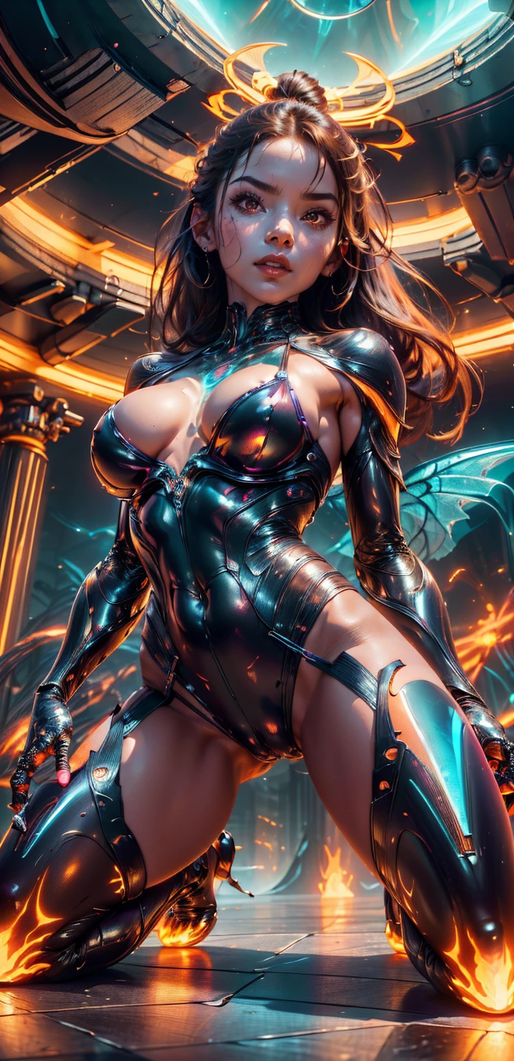 From below, kneeling, Shattered glass, Full body portrait, Milf, 50 yo, evil look, sexy, claws, demoness, see-through panties, high ponytail hair, plasma filiments, flames, red hues, scifi, purple hues, facepaint, red glowing eyes, dynamic combat stance,  dark aura, menacing, psychotic, highly detailed, vibrant appearance, creative behavior, imaginative, sensual, spontaneous, highest quality, skin texture, intricate details, (cinematic lighting), RAW photo, 8k, masterpiece,best quality,ultra-detailed,very detailed illustrations,extremely detailed,intricate details,highres,super complex details,extremely detailed 8k cg wallpaper,