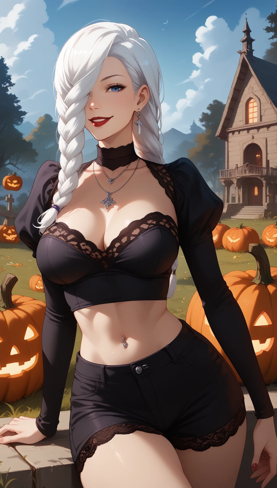 score_9, score_8_up, score_7_up, score_6_up, score_5_up, score_4_up, mei mei , blue eyes, white hair braid, large breasts, red lips, strapless blouse, long sleeves, tight lace shorts, haunted mansion e shoulders, necklace,long tassel earrings ,red lipstick , detailed eyes ,pants,navel piercing, pumpkins, leaning against tombstone, macabre scenery, Halloween festival, superiority smile, mansion in the distance