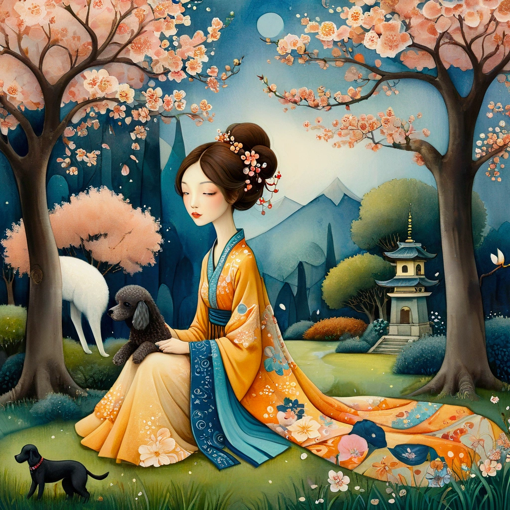 Breathtaking, Watercolour, Pastel colours art in the style of Amanda Clark, Jacek Yerka, Benjamin Lacombe and Amanda Sage. featuring bold colors and geometric patterns. A European woman, brown hair, dressed in ochre and blue summer clothes, in a beautiful Japanese garden, is sitting on a lawn with her black dwarf poodle and watches the petals of the cherry trees falling from the trees. Cherry blossoms. Petals. Rich and varied textures, 3D brushwork, intricately detailed. crisp quality colourful very cute
