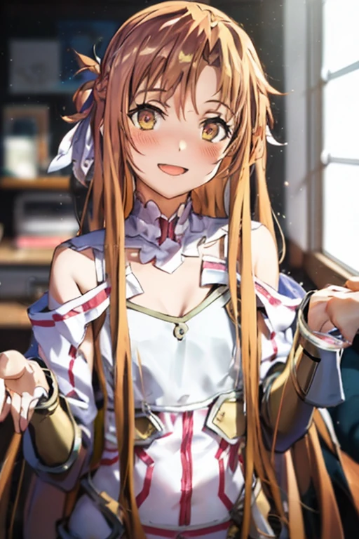 ((Best Quality)), ((masterpiece)), (be familiar with),  perfect face, indoor, bedroom,  is watching viewers,
One woman, Yuuki Asuna,
 characters with open mouth , Ecstatic expression, blush, smile,
Small breasts,  flat chest, , ,  kids, Girl,
Long Hair,  long hair,
Leg spread,